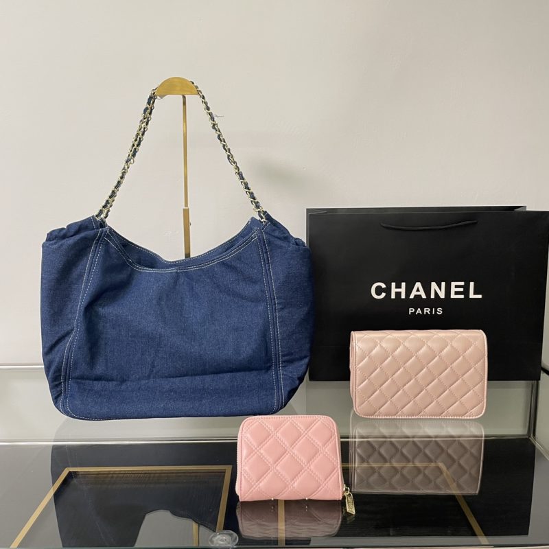 Chanel denim print embroidered tote bag