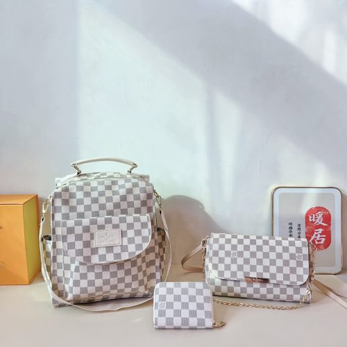 White checkered backpack + chain crossbody bag + wallet 3-piece set